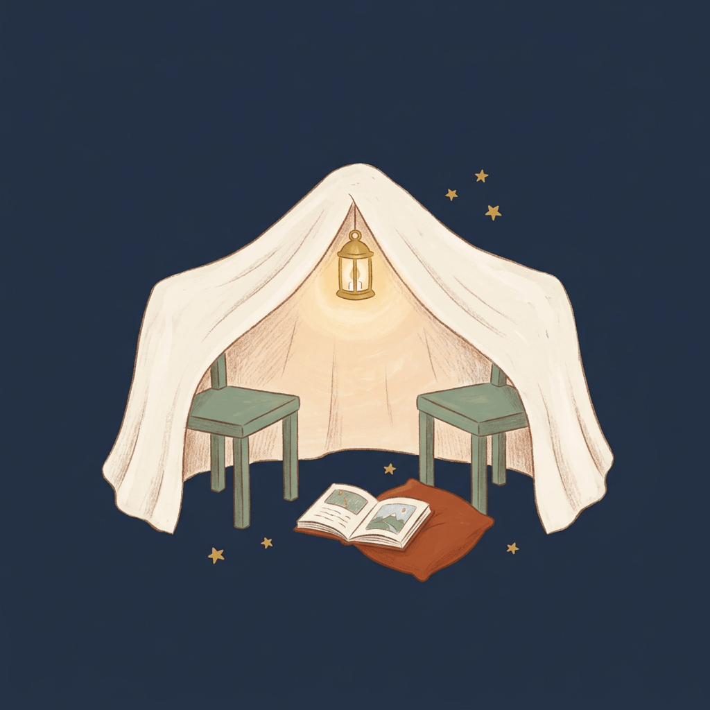 Brincadeira da cabana de lençol: lençol sobre duas cadeiras, lanterna acesa, livro aberto e almofada