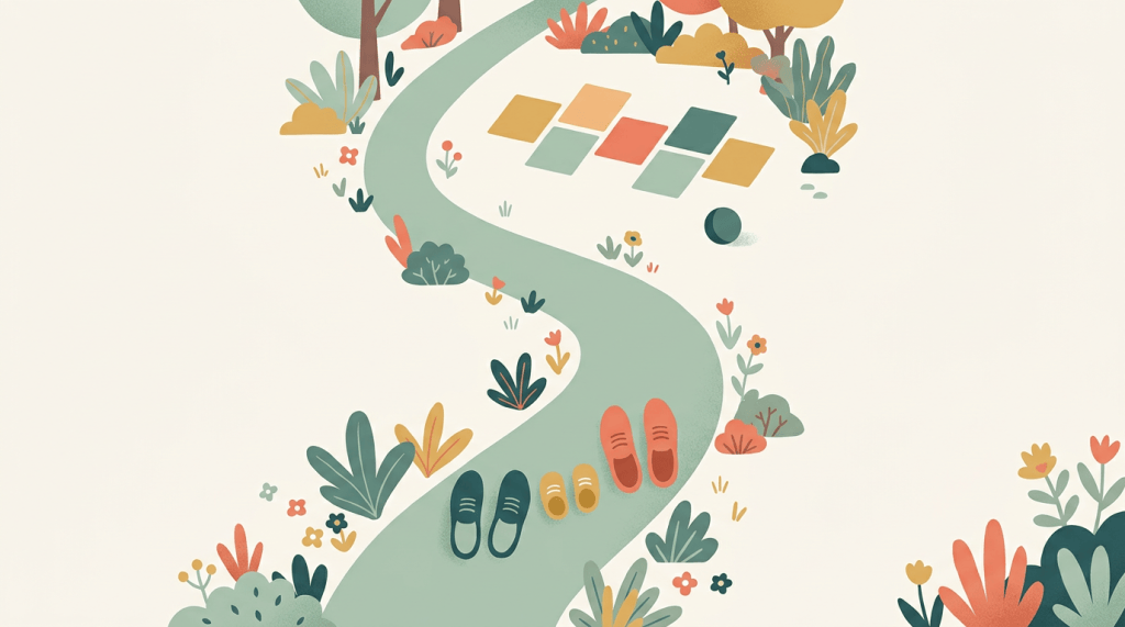 Ilustração vista de cima de pares de sapatos de adultos e de criança caminhando juntos por uma trilha rumo a um parquinho com bola e amarelinha
