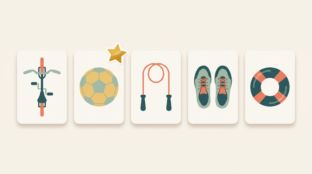 Ilustração de cinco cartões de atividades físicas: bicicleta, bola, corda de pular, tênis e boia, com uma estrelinha dourada em um deles