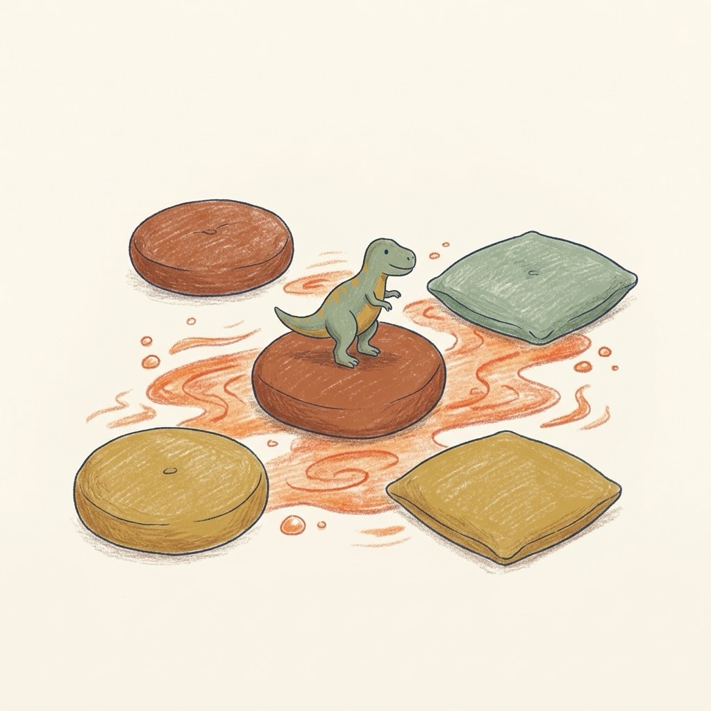 Brincadeira o chão é lava: almofadas coloridas espalhadas pelo chão como ilhas sobre a lava, com um dinossauro de brinquedo pulando entre elas