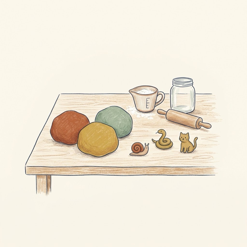 Massinha caseira para crianças: três bolas de massinha coloridas, bichinhos modelados, xícara com farinha, rolo e pote sobre a mesa