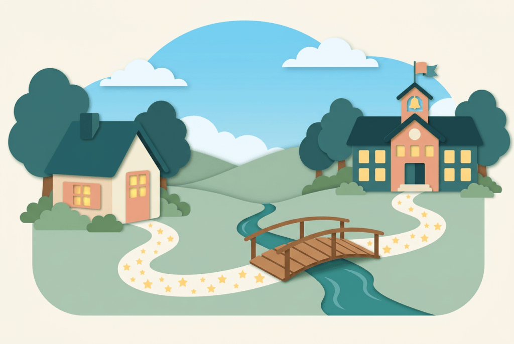Ilustração de uma casinha e de uma escola ligadas por um caminho de estrelas e uma pequena ponte de madeira, simbolizando a ponte entre casa e escola