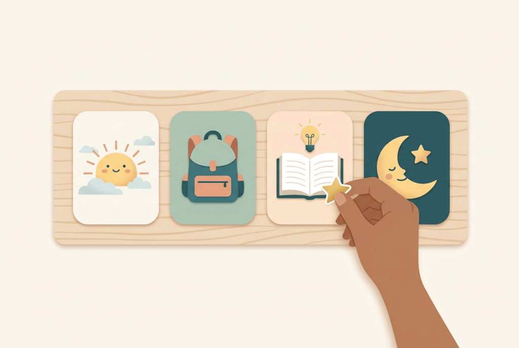 Ilustração de um quadro de rotina com quatro cartões (sol, mochila, livro e lua) e uma mão colando uma estrelinha dourada em um deles