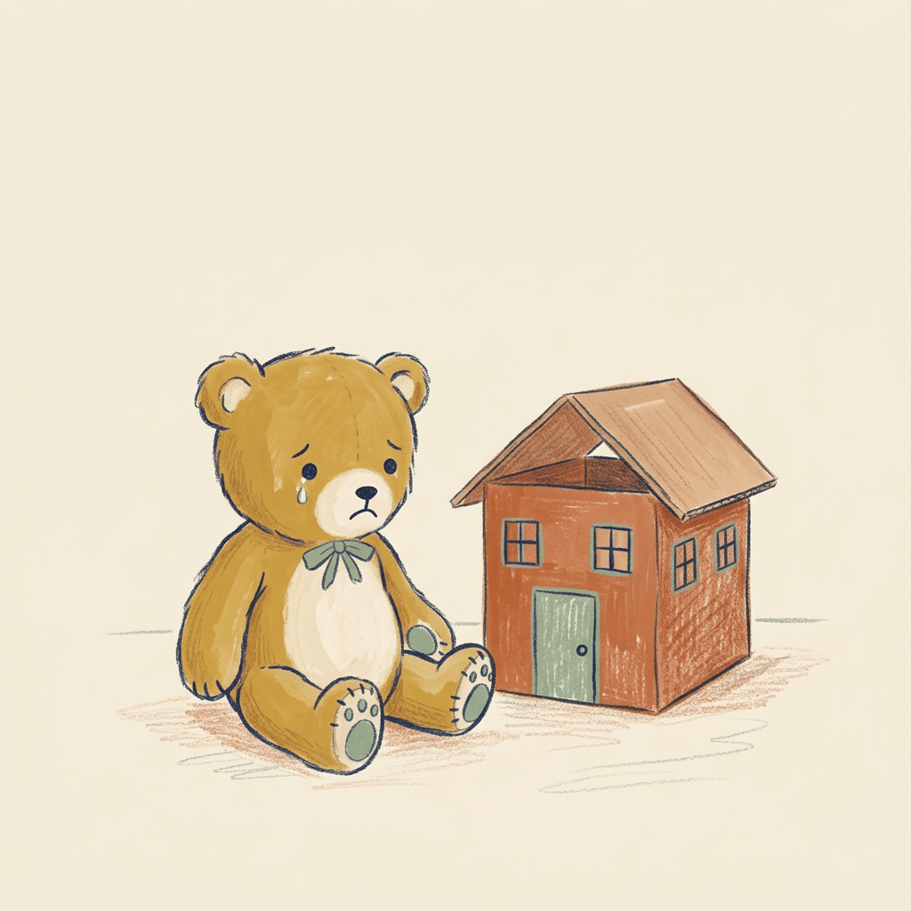Brincadeira do ursinho com medo: ursinho de pelúcia triste ao lado de uma escolinha de papelão